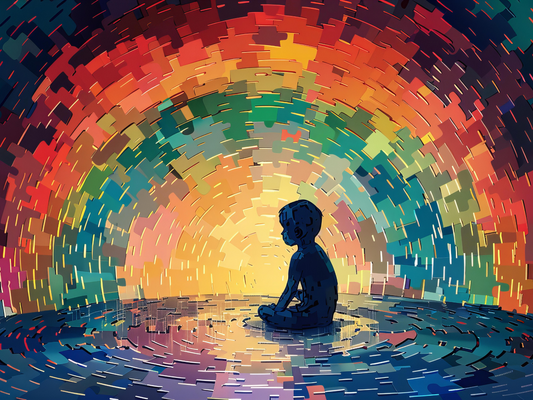 An abstract illustration of a child sitting in the center of a colorful swirl of puzzle pieces, symbolizing the complex and diverse nature of autism. The vibrant colors represent the many facets of autism awareness MentalHealthEbooks