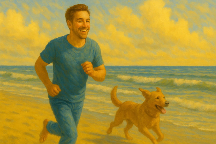 A smiling man runs barefoot on a sunny beach alongside a happy dog, with waves gently rolling in the background, radiating freedom and stress relief MentalHealthEebooks