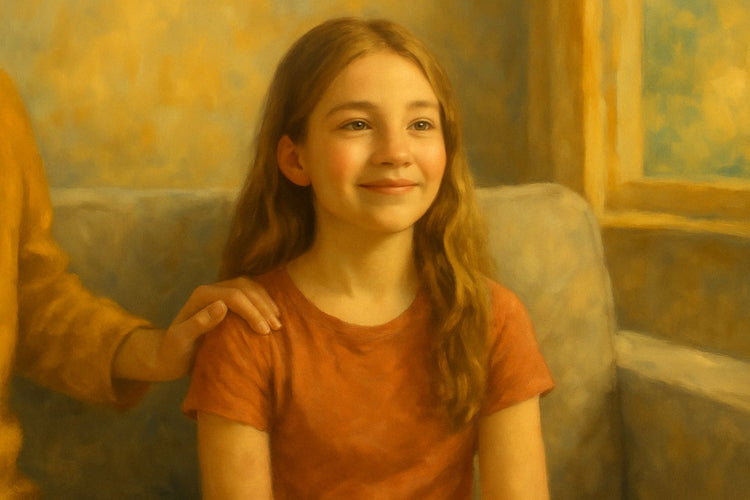 A smiling young girl sits on a sofa with a warm expression, while an adult hand rests gently on her shoulder, symbolizing care, trust, and emotional support MentalHealthEebooks