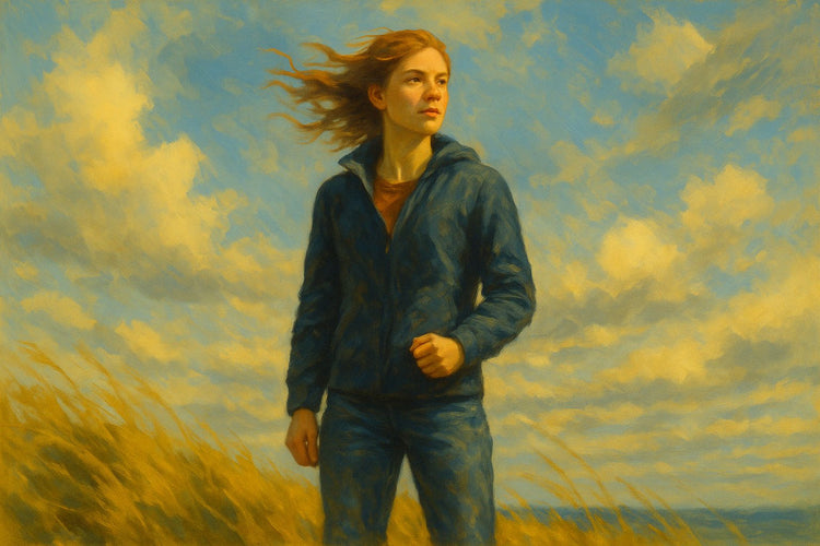 A young woman stands confidently in a windswept field under a dramatic sky, her hair blowing in the breeze as she looks ahead with strength and determination, symbolizing emotional resilience MentalHealthEebooks
