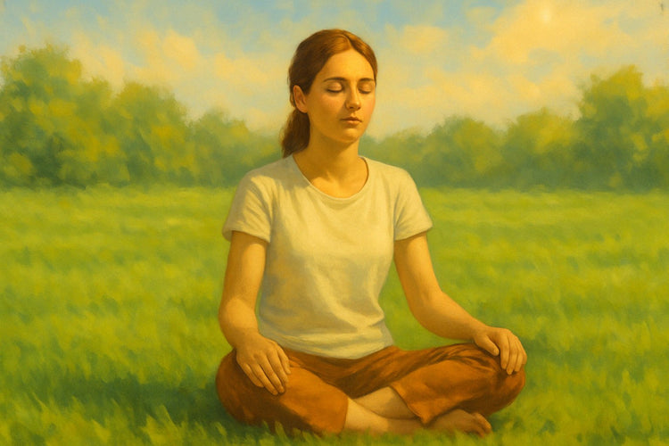 A young woman sits cross-legged on a grassy field with her eyes closed, radiating calmness and inner peace, under a warm, sunny sky MentalHealthEebooks