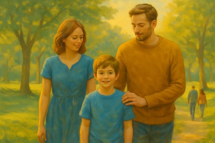 A happy family walks together in a sunlit park, with the child smiling confidently while being gently supported by both parents, symbolizing love, connection, and healthy relationships MentalHealthEebooks