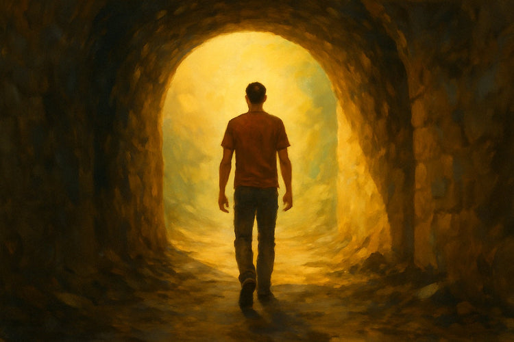 A man walks alone through a dark tunnel toward a glowing light, symbolizing personal healing and the journey of trauma recovery MentalHealthEebooks