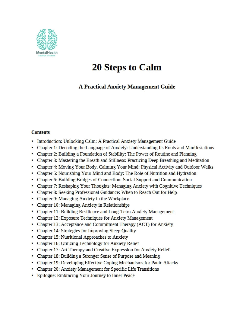 Chapter list of the eBook '20 Steps to Calm: A Practical Anxiety Management Guide', presenting 20 practical steps for managing anxiety and improving mental clarity MentalHealthEbooks