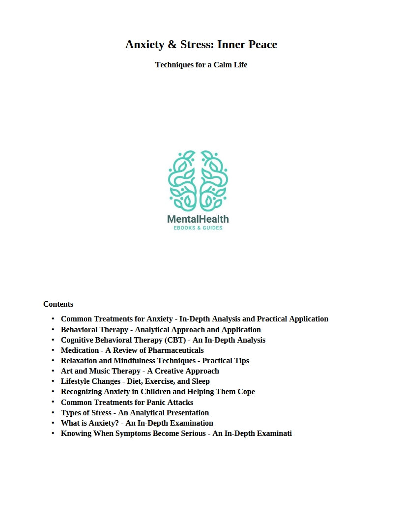 Chapter list of the eBook 'Anxiety & Stress: Inner Peace – Techniques for a Calm Life', showing 12 structured lessons with practical techniques for anxiety reduction, emotional balance, and mental wellness MentalHealthEbooks