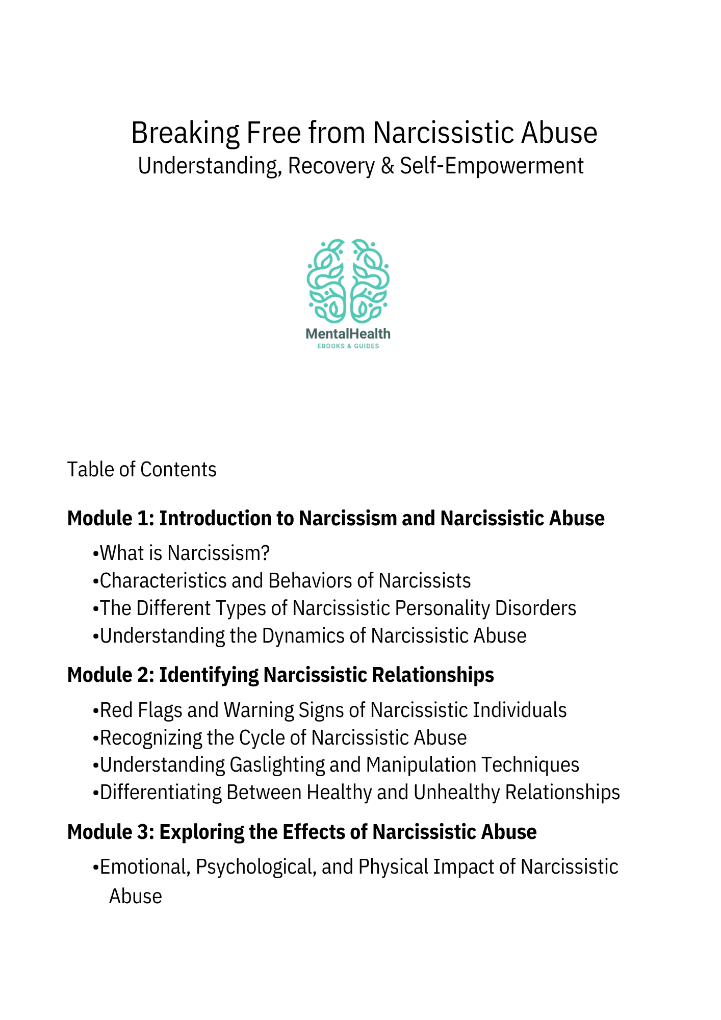 Table of contents (Part 1) for 'Breaking Free from Narcissistic Abuse', covering narcissism basics, relationship red flags, and psychological effects MentalHealthEbooks