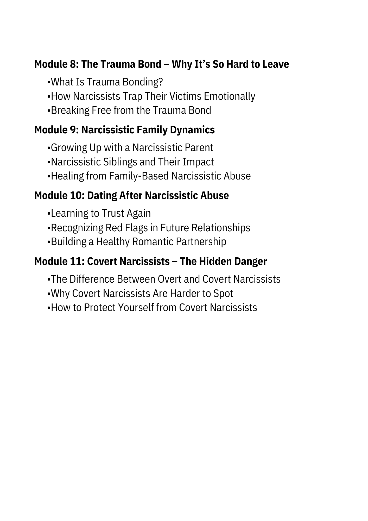 Table of contents (Part 3) for 'Breaking Free from Narcissistic Abuse', featuring trauma bonding, narcissistic families, covert abuse, and relationship recovery MentalHealthEbooks