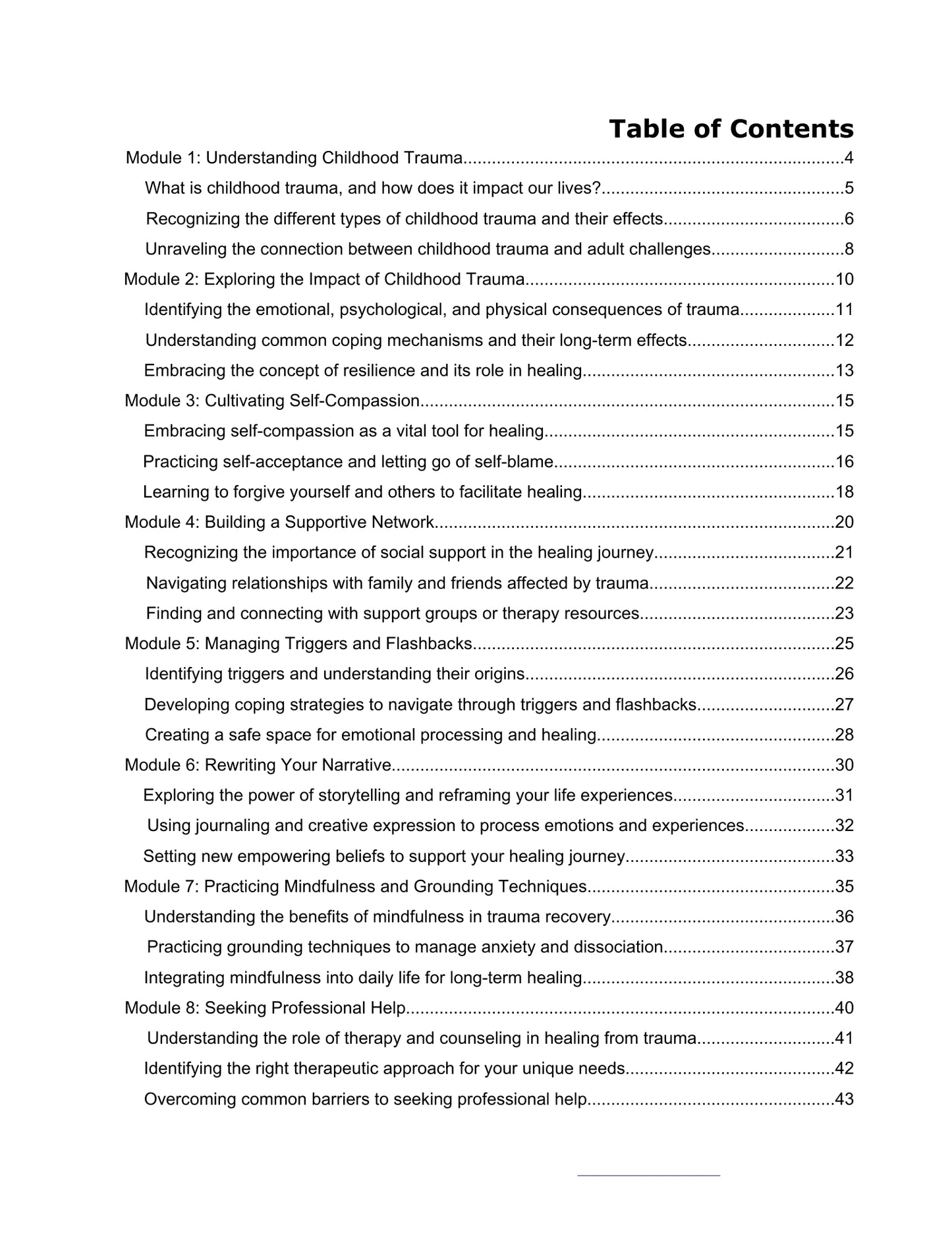Chapters preview of the eBook 'Heal The Childhood Trauma: Reclaim Your Life', showing the structure of emotional recovery, boundaries, and self-discovery MentalHealthEbooks