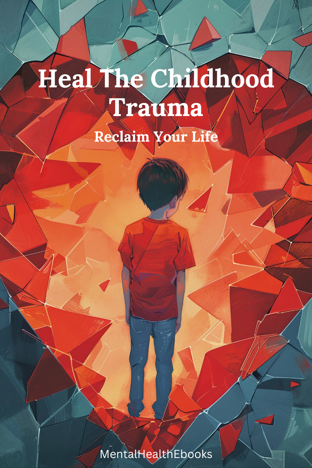 eBook cover for Heal The Childhood Trauma: Reclaim Your Life, showing a child facing shattered red and blue glass, symbolizing emotional pain and recovery MentalHealthEebooks