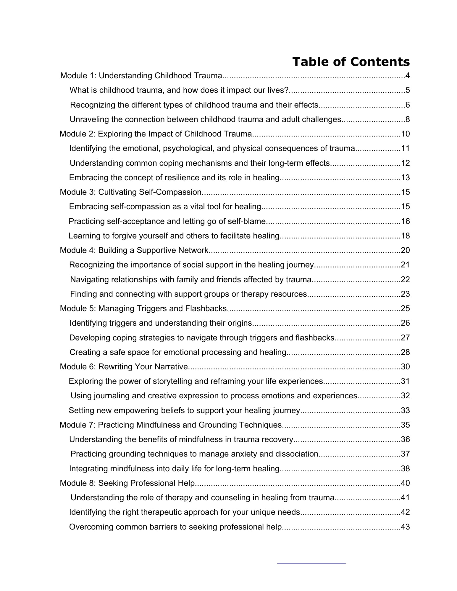 Chapters preview of the eBook 'Heal The Childhood Trauma: Reclaim Your Life', showing the structure of emotional recovery, boundaries, and self-discovery MentalHealthEbooks